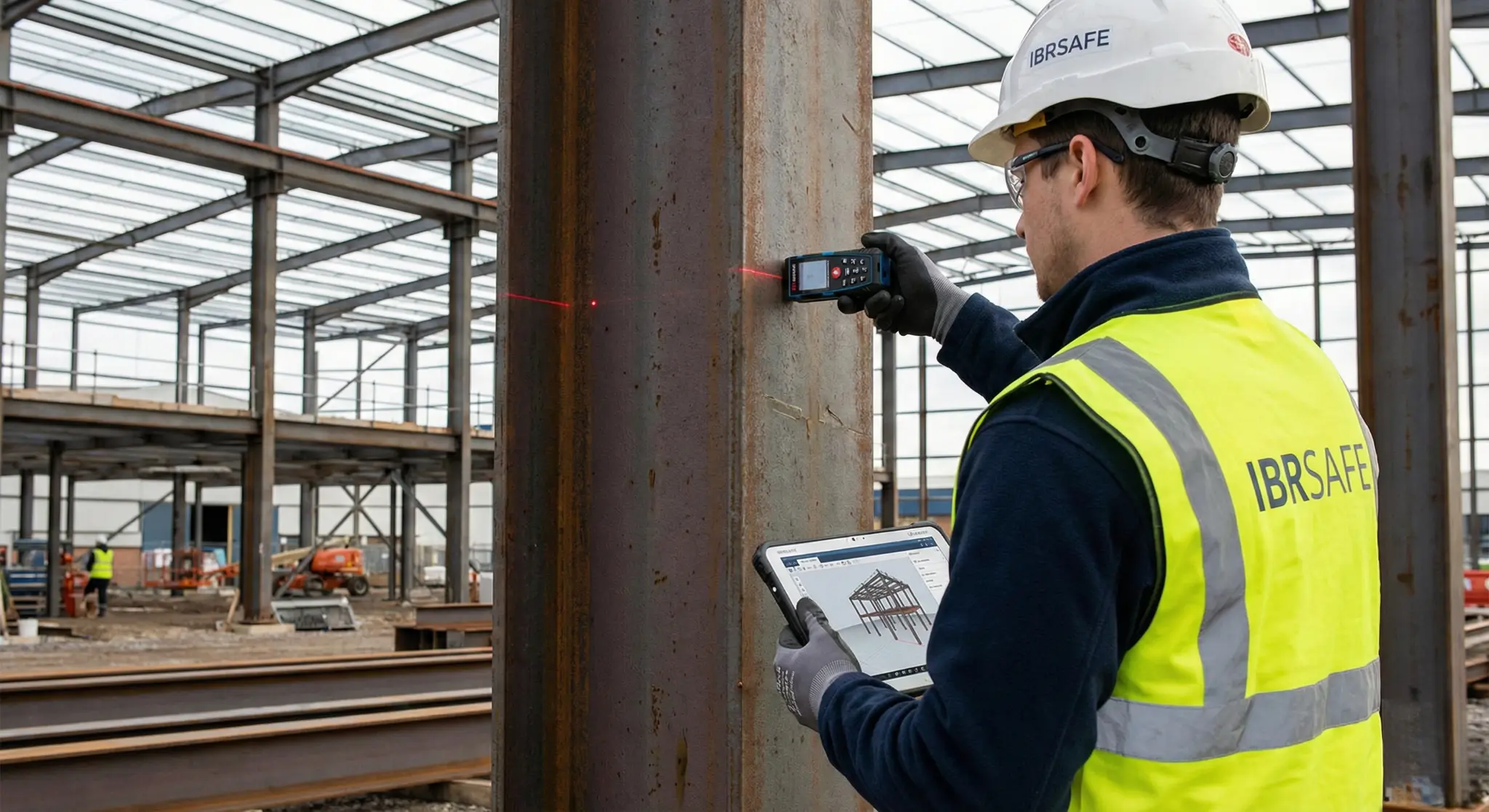 Técnico da IBR Safe realizando levantamento estrutural com equipamento de medição a laser